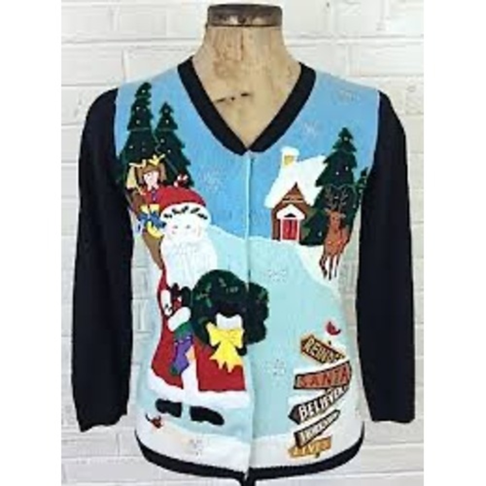 The Quaker Factory 1X Ugly Christmas Sweater Cardigan‎ Santa Reindeer Snow